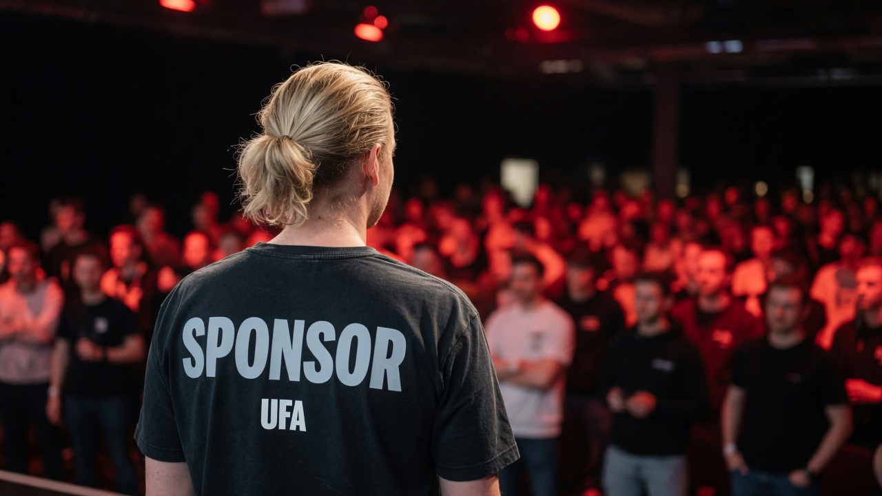 A sponsor in a UFA tee facing the crowd at a live event